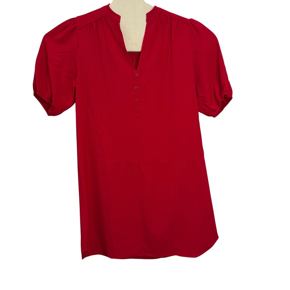 London Times Womens Red Puff Sleeve Split Neck Shift Dress Size L